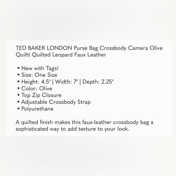 NWT TED BAKER LONDON Bag Crossbody Camera Olive Quiltt Leopard Faux Leather - Picture 3 of 12